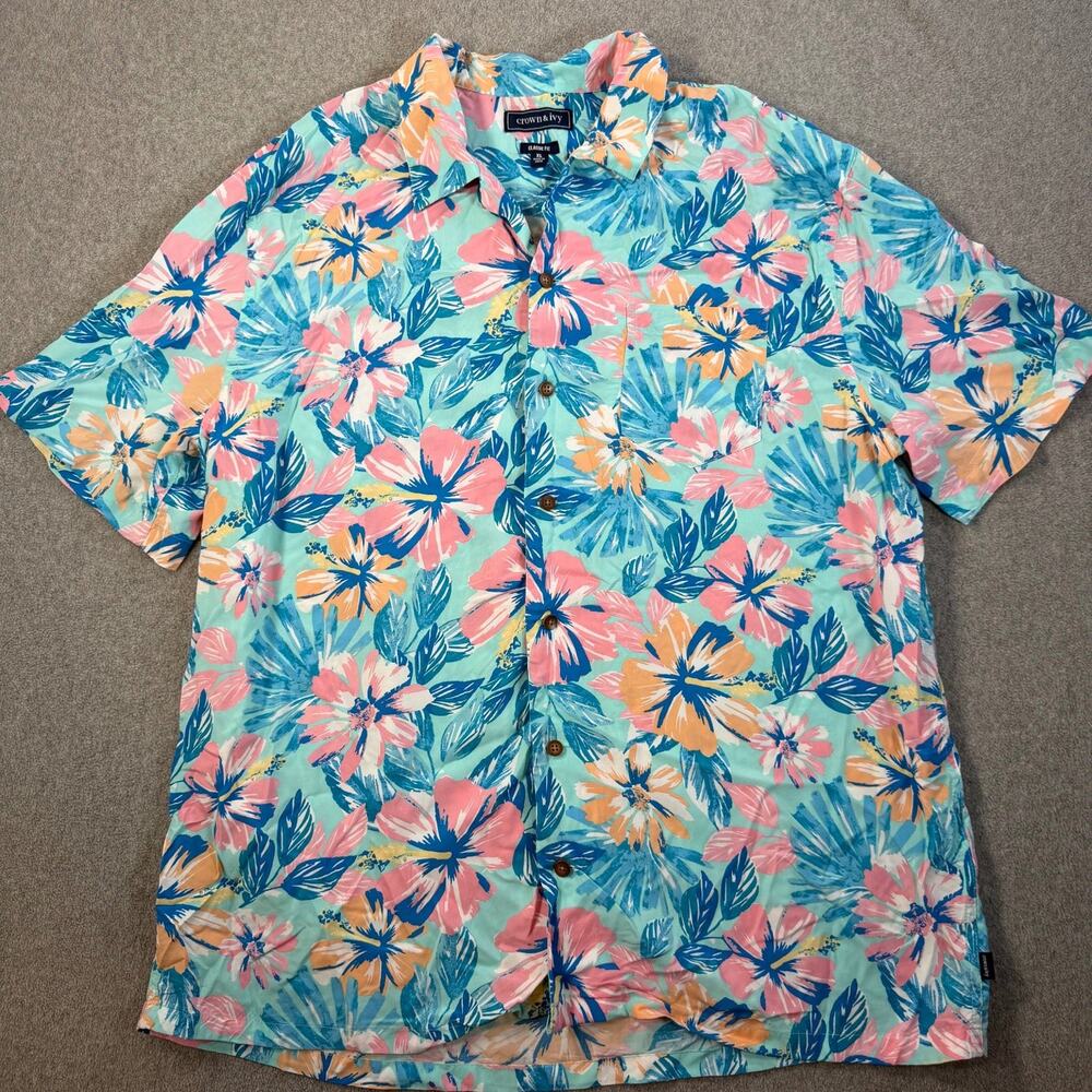 Crown & Ivy Men's XL Classic Fit Floral Hawaiian Shirt Short Sleeve Button Down